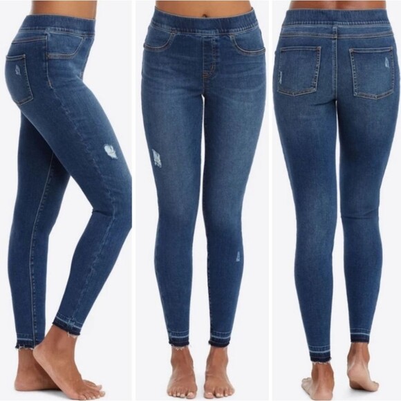 Spanx size small Blue Distress Denim Ankle Skinny Legging Medium Wash jeans NWT - Picture 2 of 10